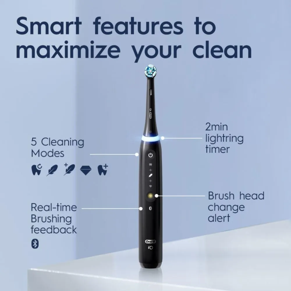 Oral-B iO Deep Clean   Whiten Rechargeable Electric Toothbrush with Visible Pressure Sensor, 2 Minute Timer, 5 Cleaning Settings, 1 iO5 Limited, 3 Toothbrush Heads, Travel Case & Refill Holder, Black