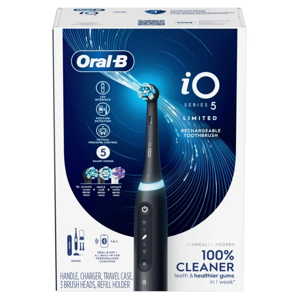 Oral-B iO Deep Clean   Whiten Rechargeable Electric Toothbrush with Visible Pressure Sensor, 2 Minute Timer, 5 Cleaning Settings, 1 iO5 Limited, 3 Toothbrush Heads, Travel Case & Refill Holder, Black