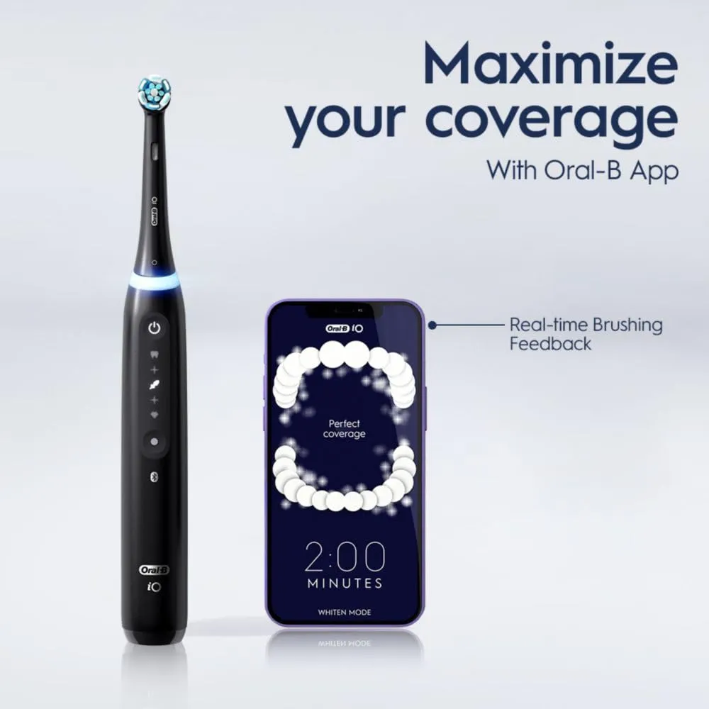 Oral-B iO Deep Clean   Whiten Rechargeable Electric Toothbrush with Visible Pressure Sensor, 2 Minute Timer, 5 Cleaning Settings, 1 iO5 Limited, 3 Toothbrush Heads, Travel Case & Refill Holder, Black