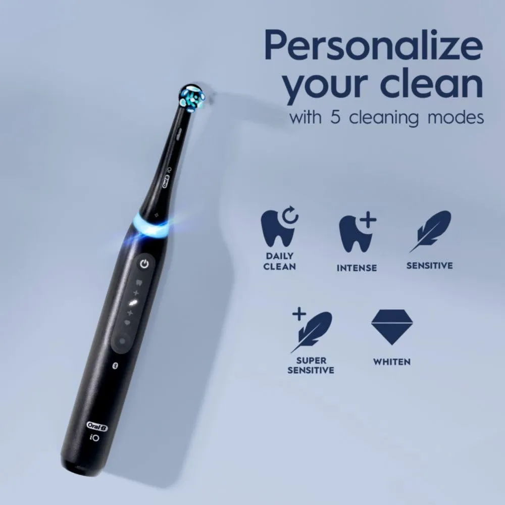 Oral-B iO Deep Clean   Whiten Rechargeable Electric Toothbrush with Visible Pressure Sensor, 2 Minute Timer, 5 Cleaning Settings, 1 iO5 Limited, 3 Toothbrush Heads, Travel Case & Refill Holder, Black