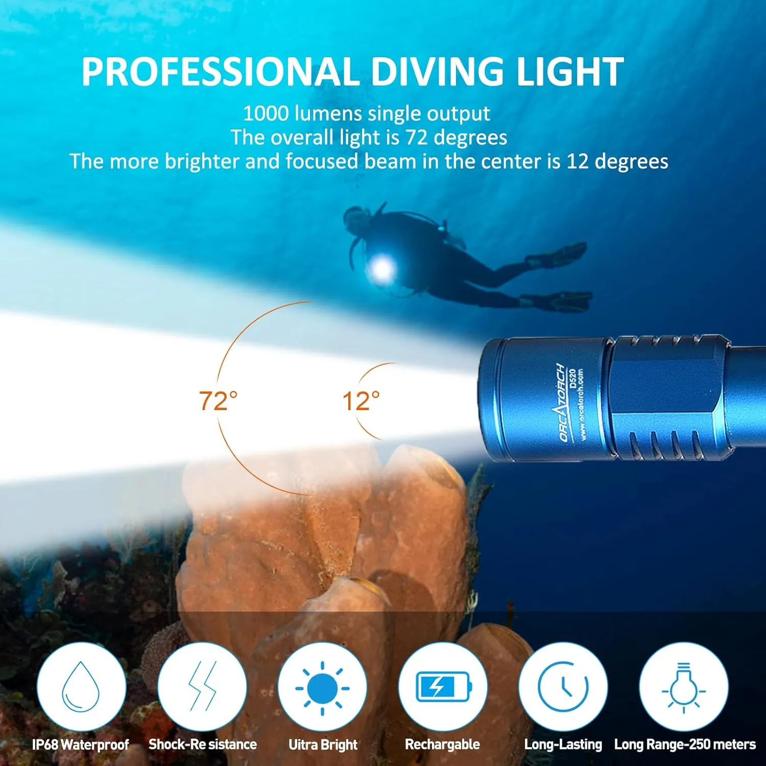 ORCATORCH D520 Scuba Dive Light 1000 Lumens Compact Diving Flashlight IP68 Waterproof Night Dive Torch Submarine Diving Lights with Rotary Switch for Underwater 150 Meters Deep Sea Diving (Blue)