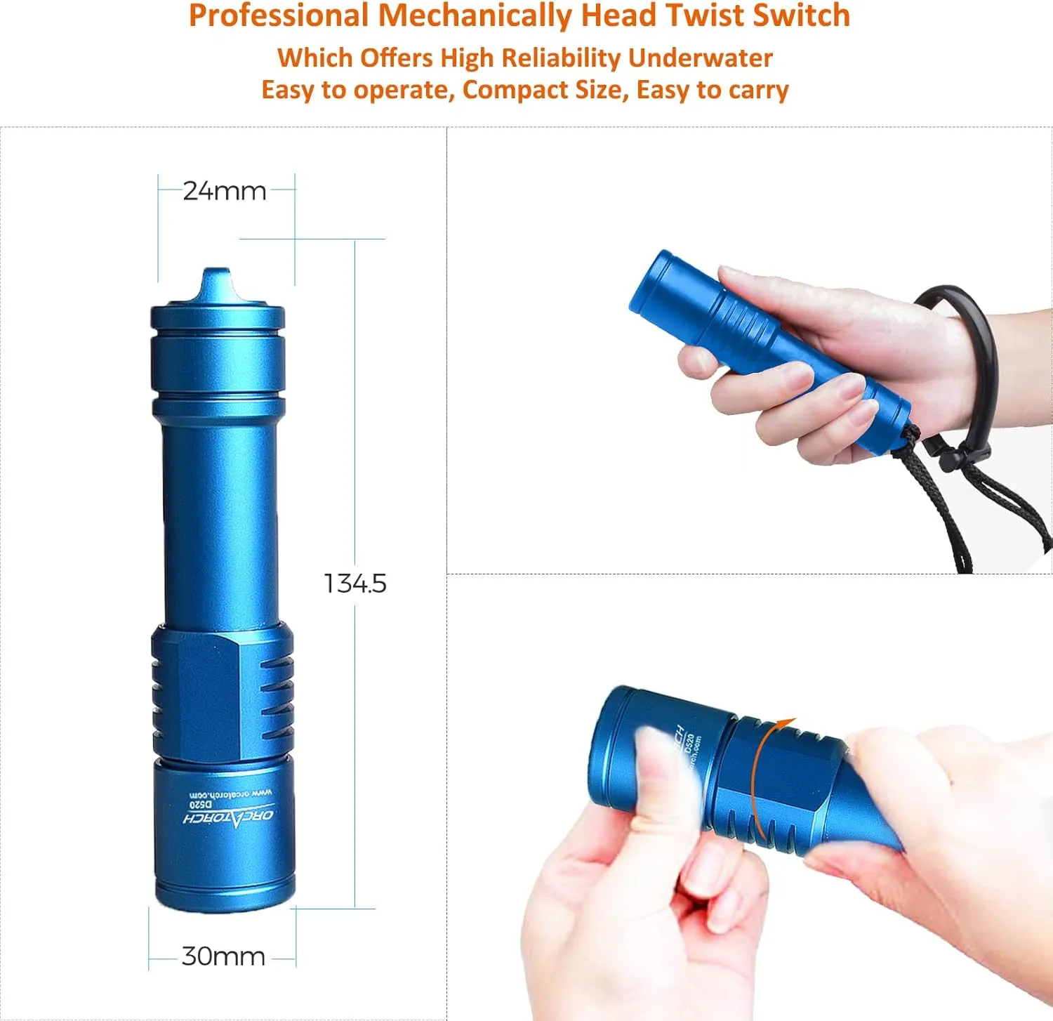 ORCATORCH D520 Scuba Dive Light 1000 Lumens Compact Diving Flashlight IP68 Waterproof Night Dive Torch Submarine Diving Lights with Rotary Switch for Underwater 150 Meters Deep Sea Diving (Blue)