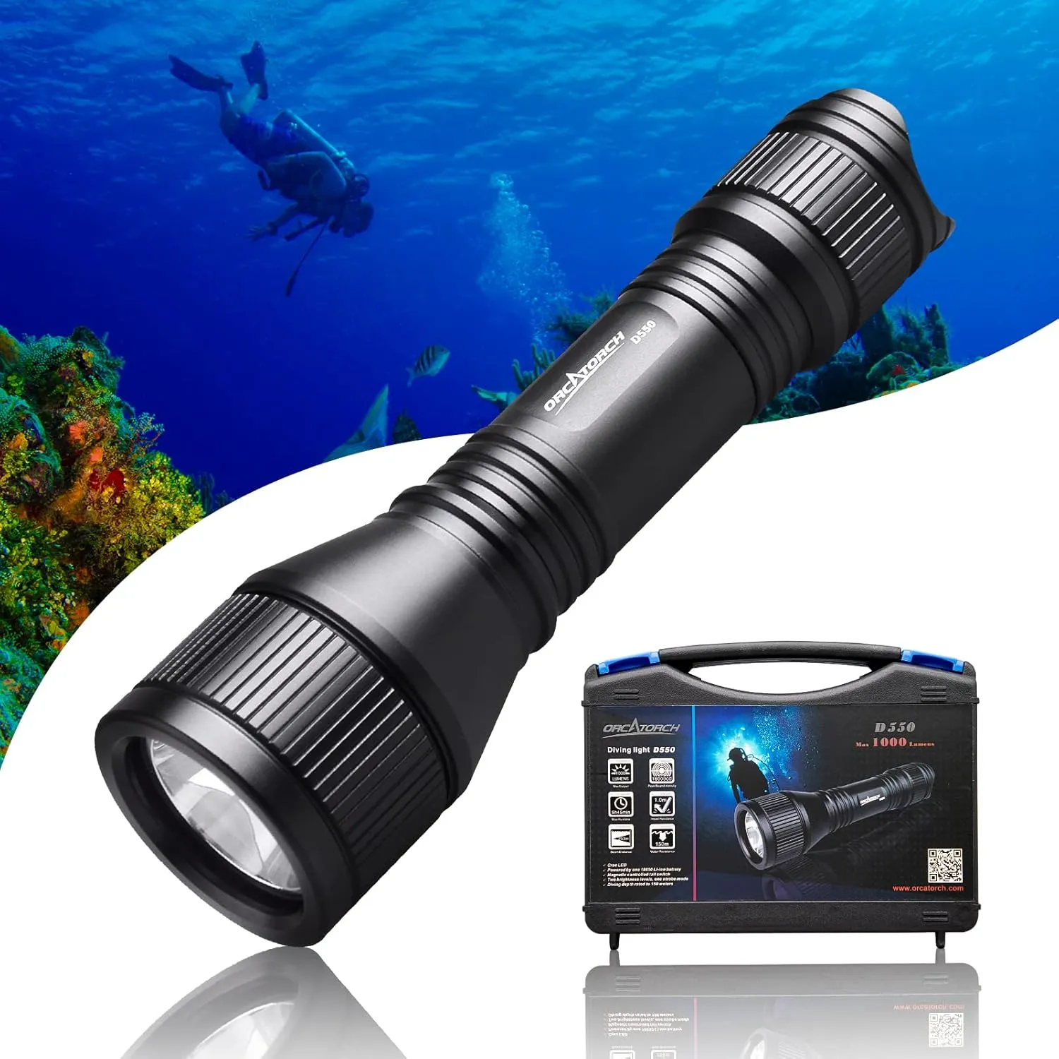 ORCATORCH D550 Scuba Dive Light - 1000 Lumens Underwater Flashlight with 3 Modes, IP68 Waterproof Submersible Torch with Wrist Strap for Hands-Free Diving