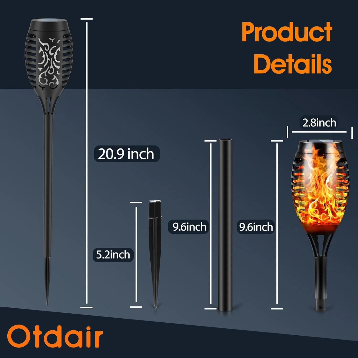 Otdair Solar Outdoor Lights, 12 Pack 12LED Solar Tiki Torches with Flickering Flame, IP65 Waterproof Mini Torch Lights Auto On/Off for Garden, Patio, Yard, Pathway