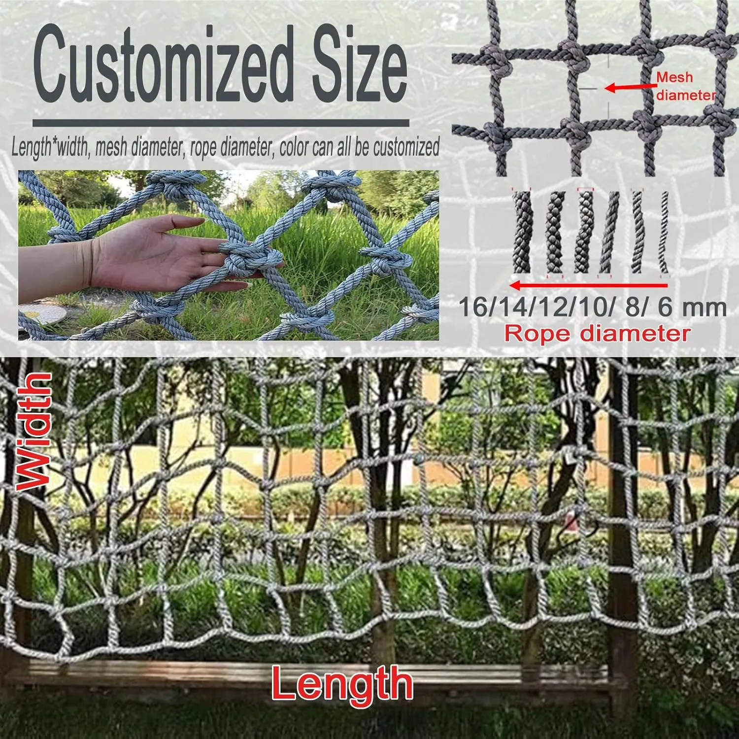 Outdoor Climbing Net for Kids and Adult,Polyester Playground Military Climbing Net Cargo, Kids Safety Protection Net, Rope Ladder, Jungle Gyms, Swingset, Treehouse,16.4 * 31.2ft