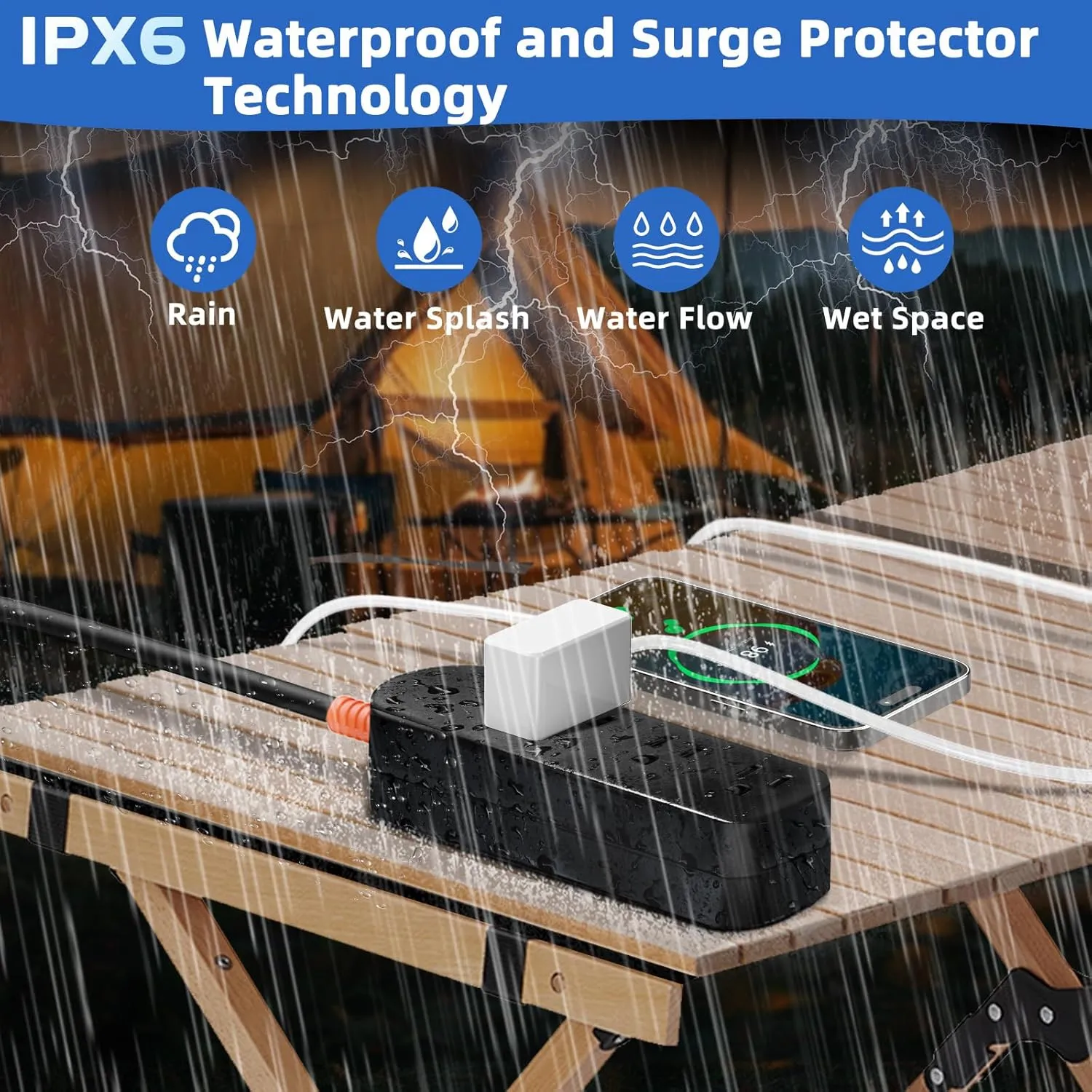 Outdoor Power Strip Weatherproof, 10FT Outdoor Extension Cord, IPX6 Waterproof Surge Protector with 3 Wide Outlets, Shockproof Overload Protection for Camping, Garden, Industrial, Home Power Strip