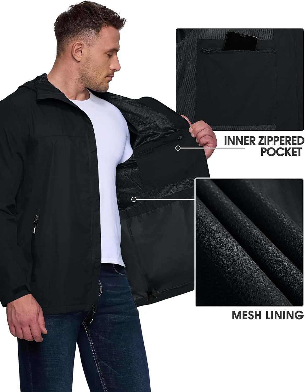 Outdoor Ventures Men's Packable Rain Jacket Waterproof Lightweight Raincoat with Hood Windproof Cycling Jackets