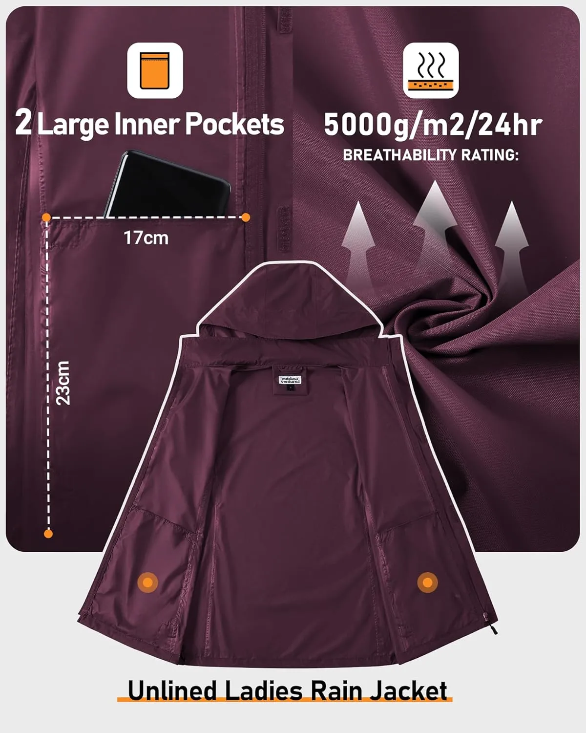 Outdoor Ventures Womens Lightweight Rain Jacket Packable Waterproof Rain Coat with Hood for Travel Windbreaker