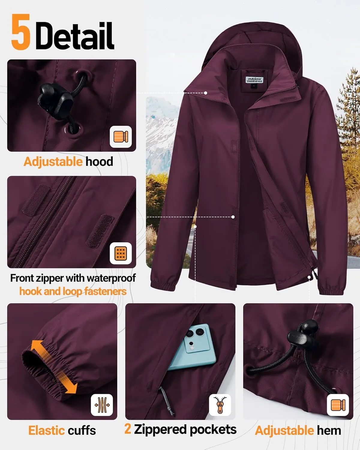 Outdoor Ventures Womens Lightweight Rain Jacket Packable Waterproof Rain Coat with Hood for Travel Windbreaker