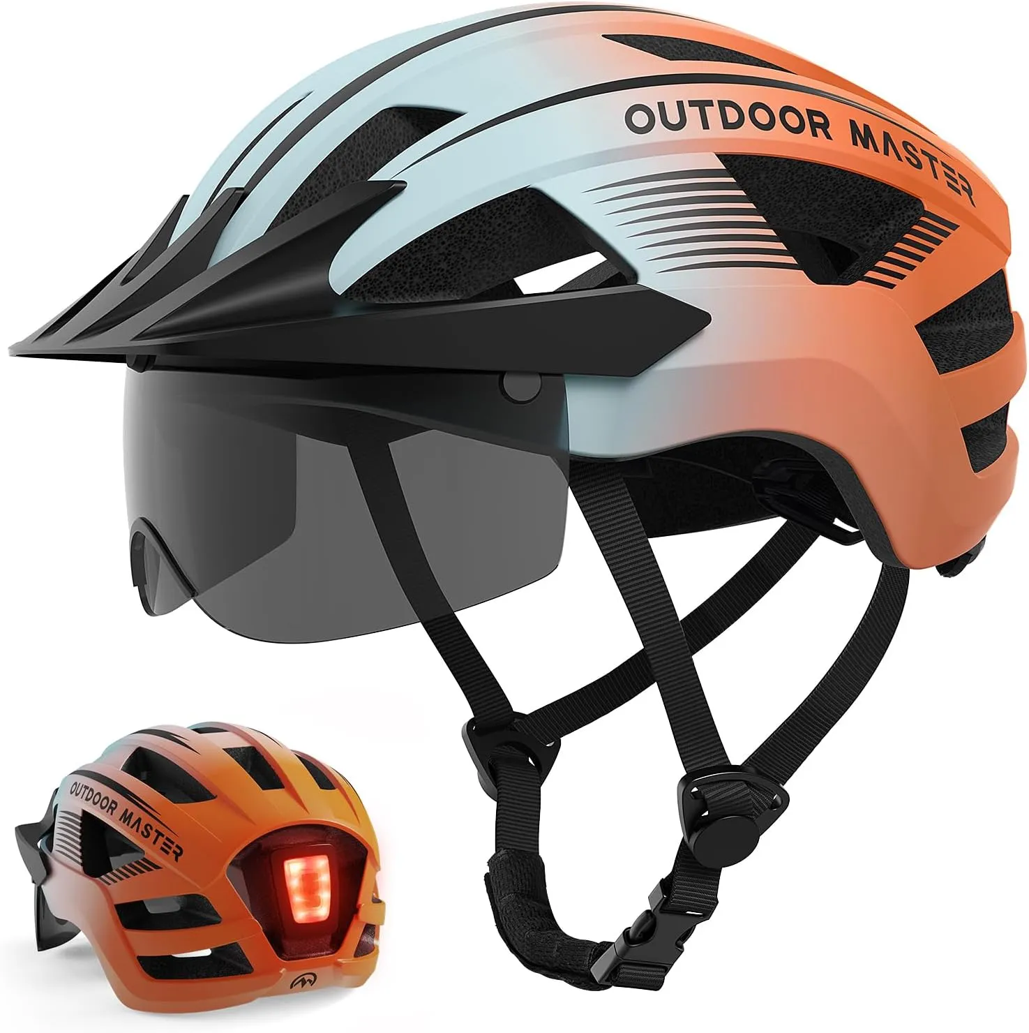 OutdoorMaster Adult Bike Helmet - Bicycle Helmet with Rechargeable Rear LED Light, Detachable Magnetic Goggles, Removable Sun Visor - Suitable for Commuting and Cycling for Men and Women