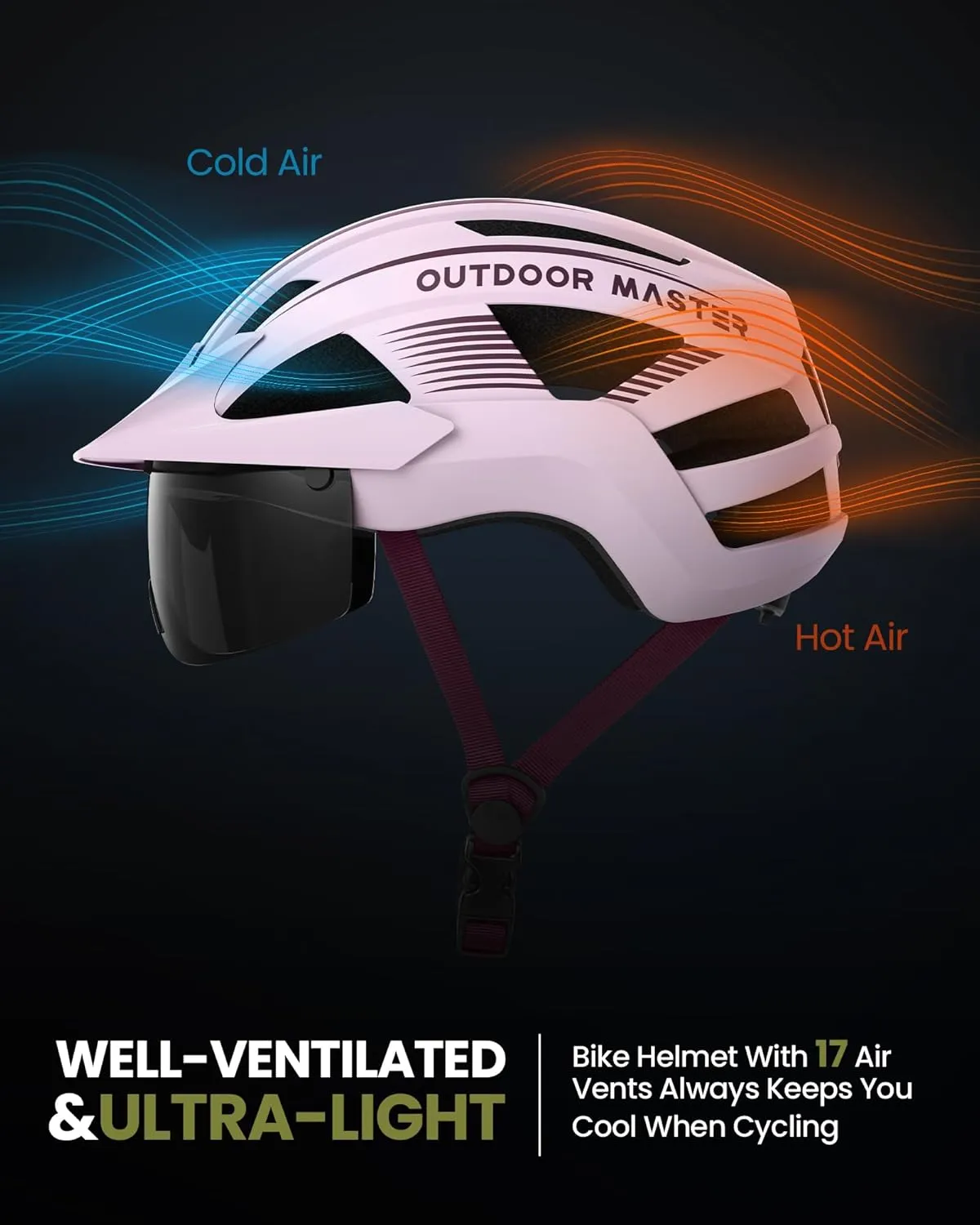 OutdoorMaster Adult Bike Helmet - Bicycle Helmet with Rechargeable Rear LED Light, Detachable Magnetic Goggles, Removable Sun Visor - Suitable for Commuting and Cycling for Men and Women