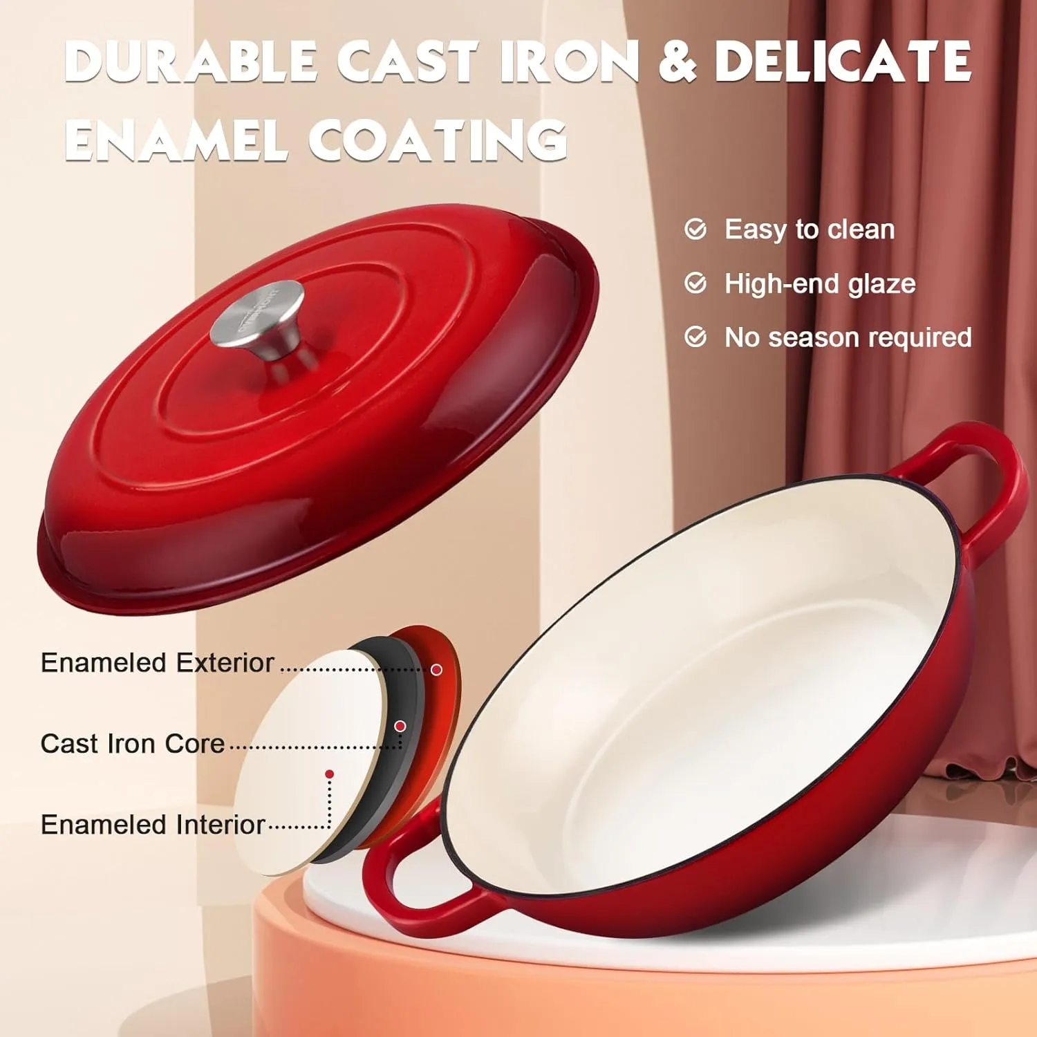 Overmont Enameled Cast Iron Dutch Oven - 3.8 Quart Dutch Oven Pot with Lid - Shallow Cookware Braising Pan - Cast iron Casserole with Cookbook & Heat-resistant Caps - Oven Safe up to 500° F