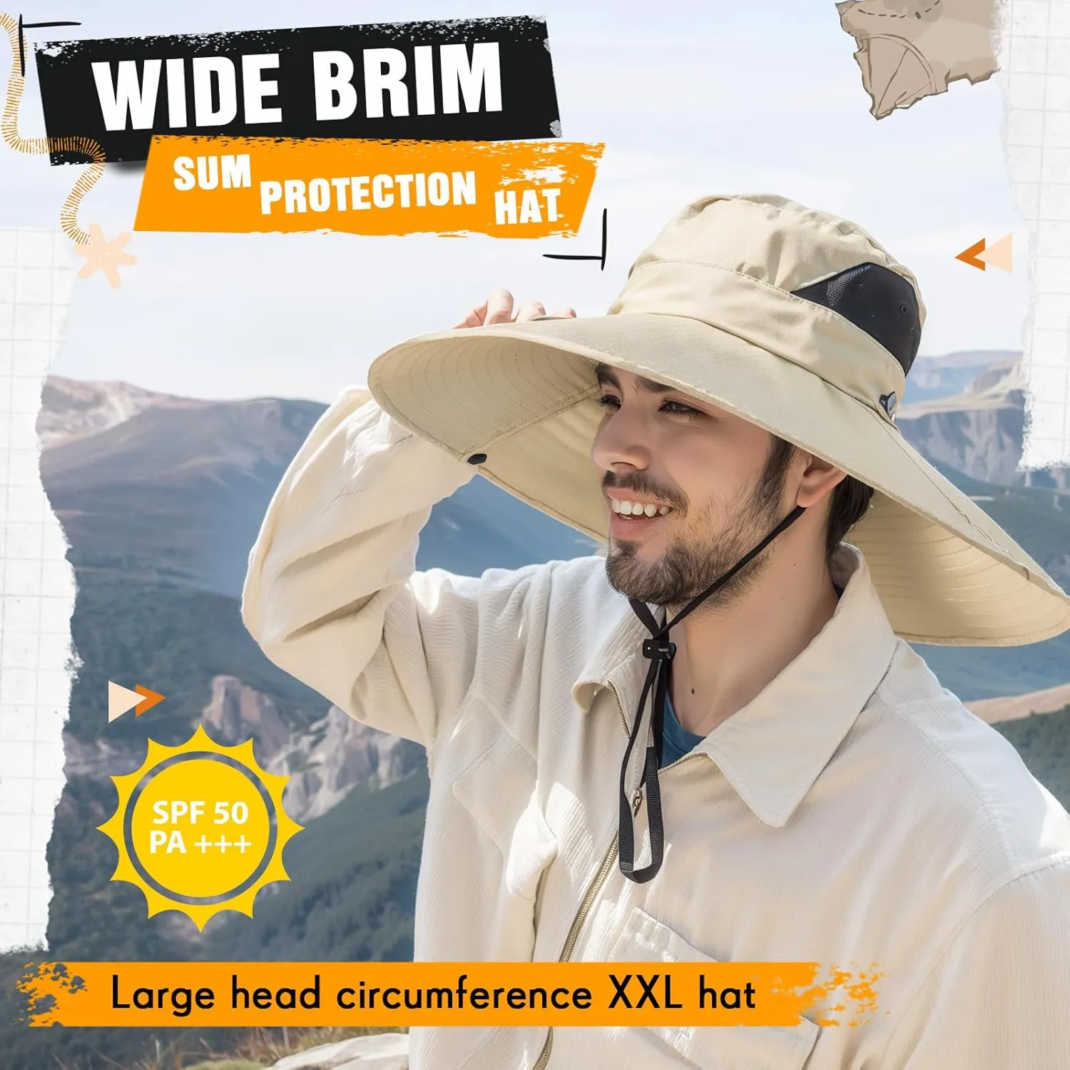 Oversize Sun Hat Men XXL Wide Brim Bucket Hat Big Head Waterproof UPF 50  Summer Sun Cap for Fishing Hiking Safari