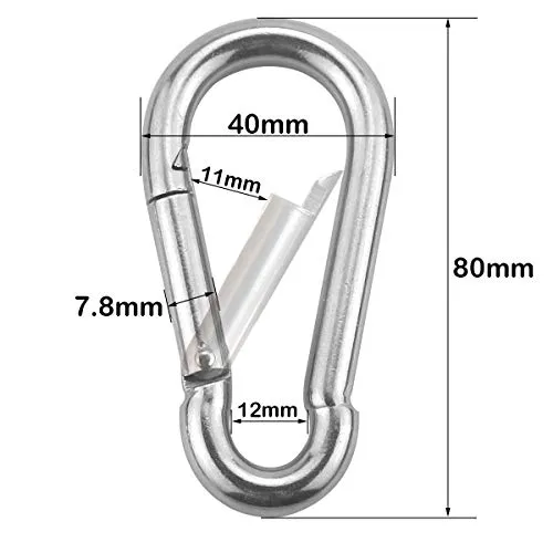 Pack of 10 M8 x 80mm Silver 304 Stainless Steel Spring Snap Link Grade Heavy Duty Spring Snap Hook Carabiner