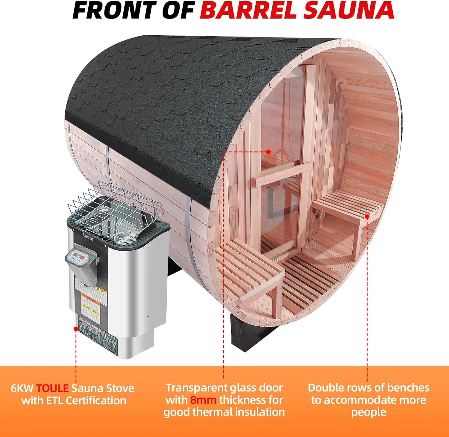 Panoramic Outdoor Barrel Sauna Kit,Canadian Cedar 6-8 Person Wooden Steam Saunas Room with Porch,9KW Electric Stove (Canadian Hemlock)