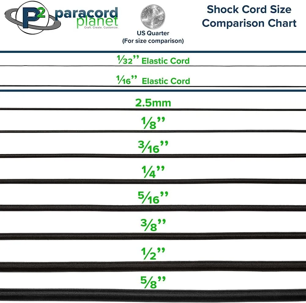 Paracord Planet – 1/2”, 1/4", 1/8”, 3/8”, 5/8”, 1/16”, 3/16”, 5/16”, 1/32” and 2.5mm – Black Shock Cord – Elastic Bungee Nylon Crafting Stretch – Made in USA