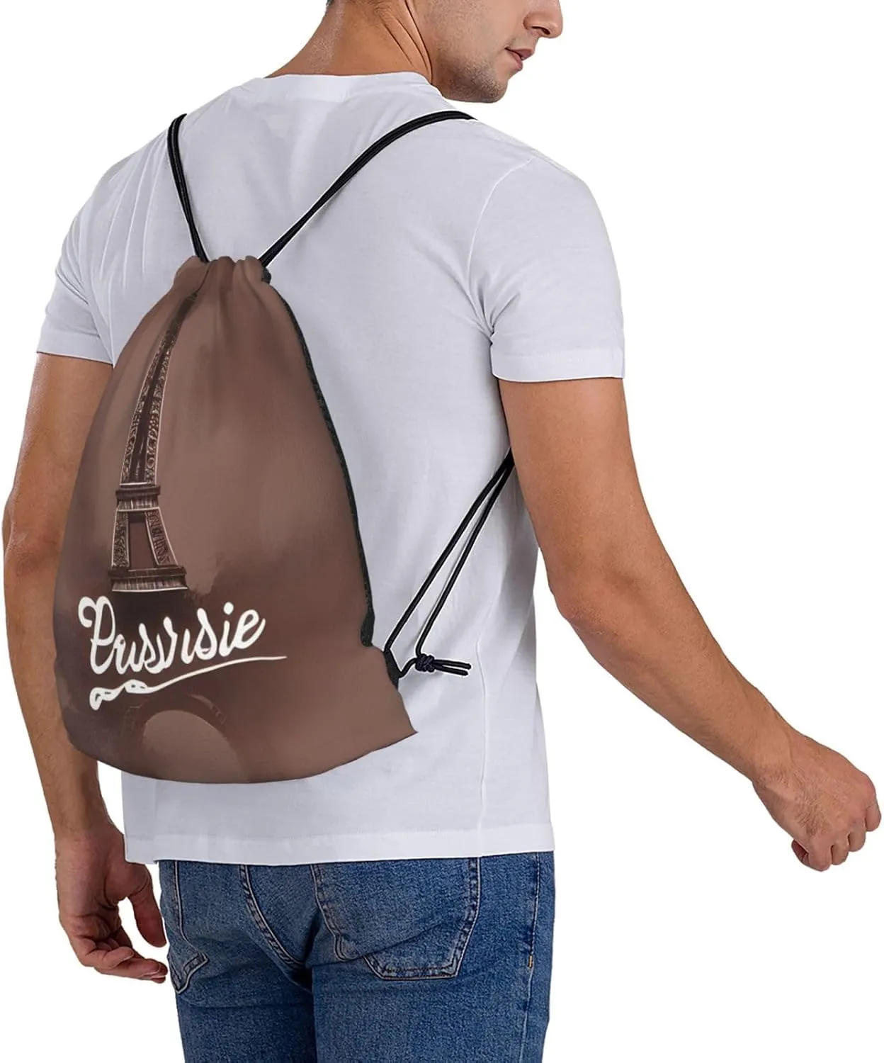 Parisian Coffee Eiffel Tower Drawstring Cinch Backpack String Bag For Outdoor Sports Hiking Camping Adventure