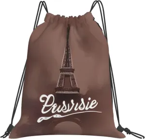 Parisian Coffee Eiffel Tower Drawstring Cinch Backpack String Bag For Outdoor Sports Hiking Camping Adventure