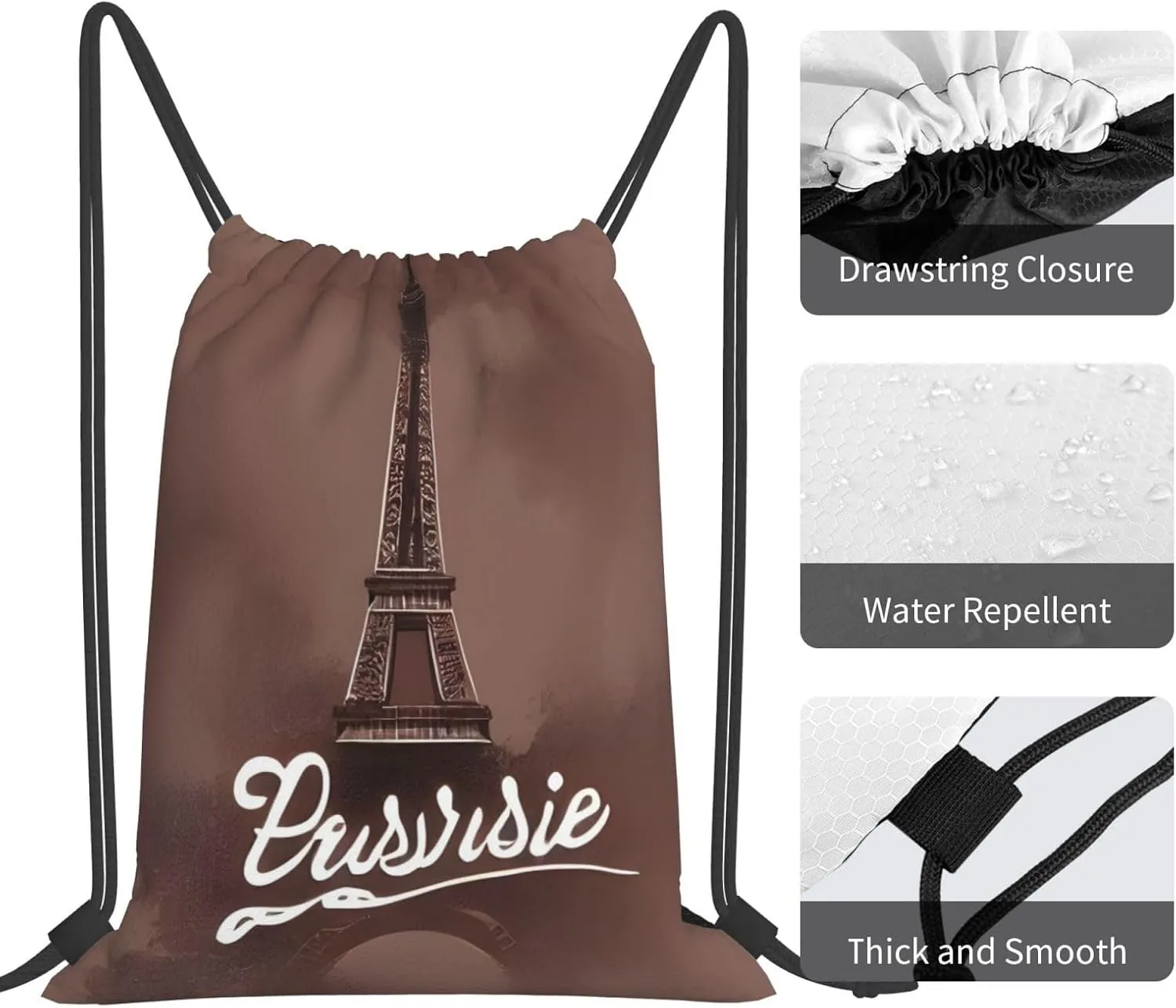 Parisian Coffee Eiffel Tower Drawstring Cinch Backpack String Bag For Outdoor Sports Hiking Camping Adventure