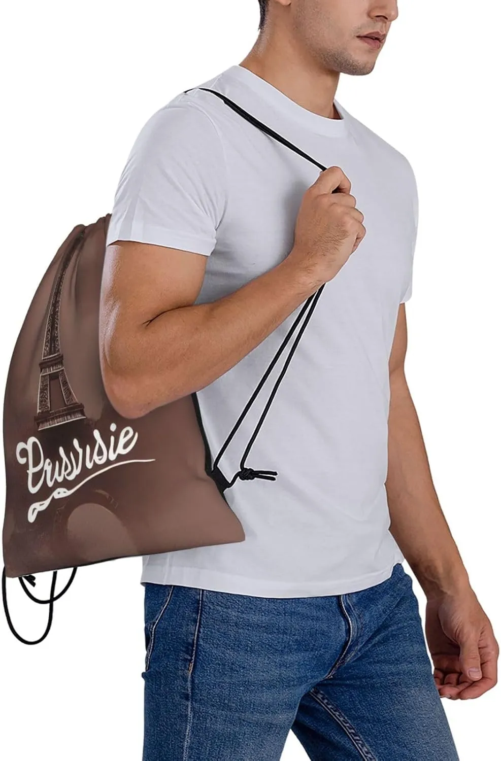 Parisian Coffee Eiffel Tower Drawstring Cinch Backpack String Bag For Outdoor Sports Hiking Camping Adventure