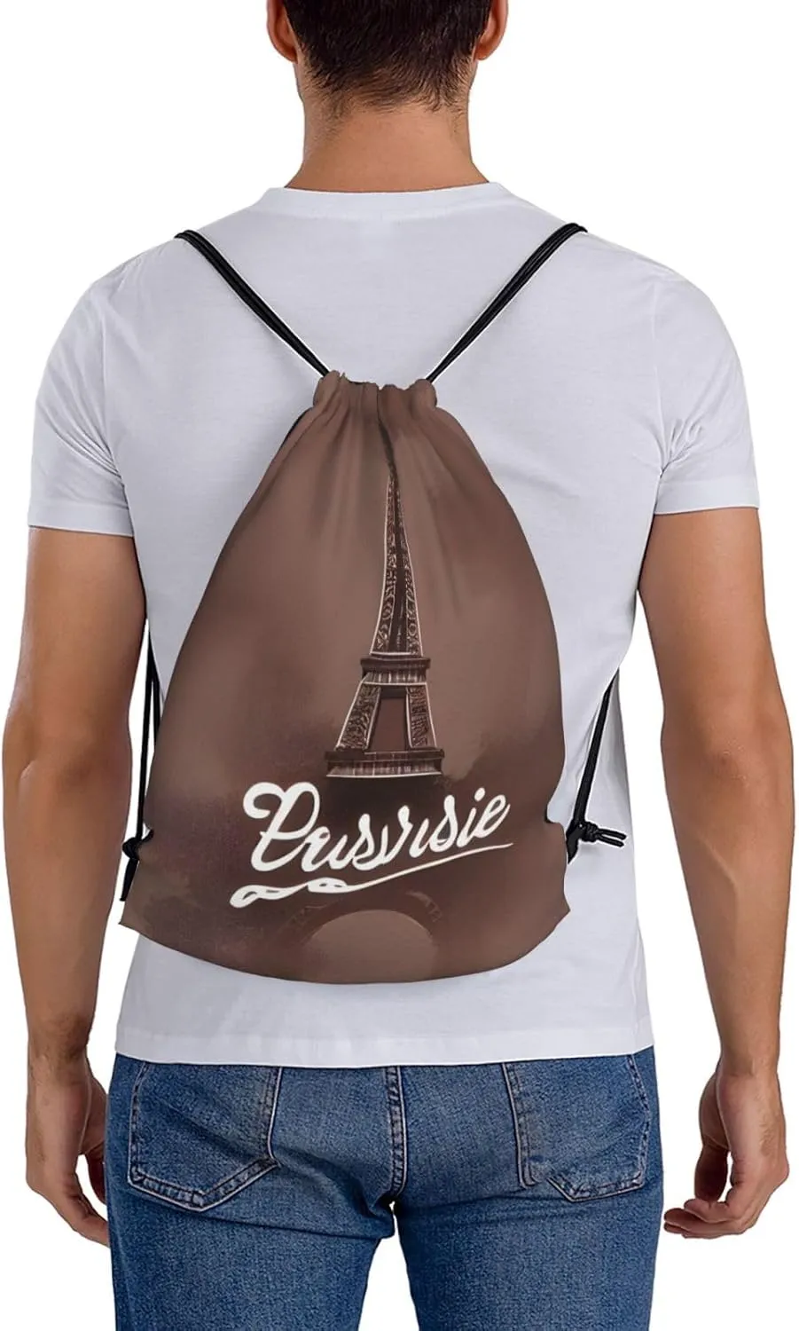 Parisian Coffee Eiffel Tower Drawstring Cinch Backpack String Bag For Outdoor Sports Hiking Camping Adventure