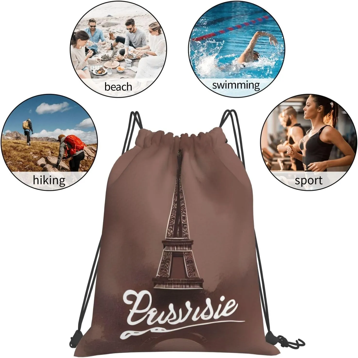 Parisian Coffee Eiffel Tower Drawstring Cinch Backpack String Bag For Outdoor Sports Hiking Camping Adventure