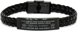 Paving Laborer Braided Leather Bracelet, If at first you don't succeed, try doing what your athletic trainer told you to do the first time., Laser Engraved, Stainless Steel Wristband