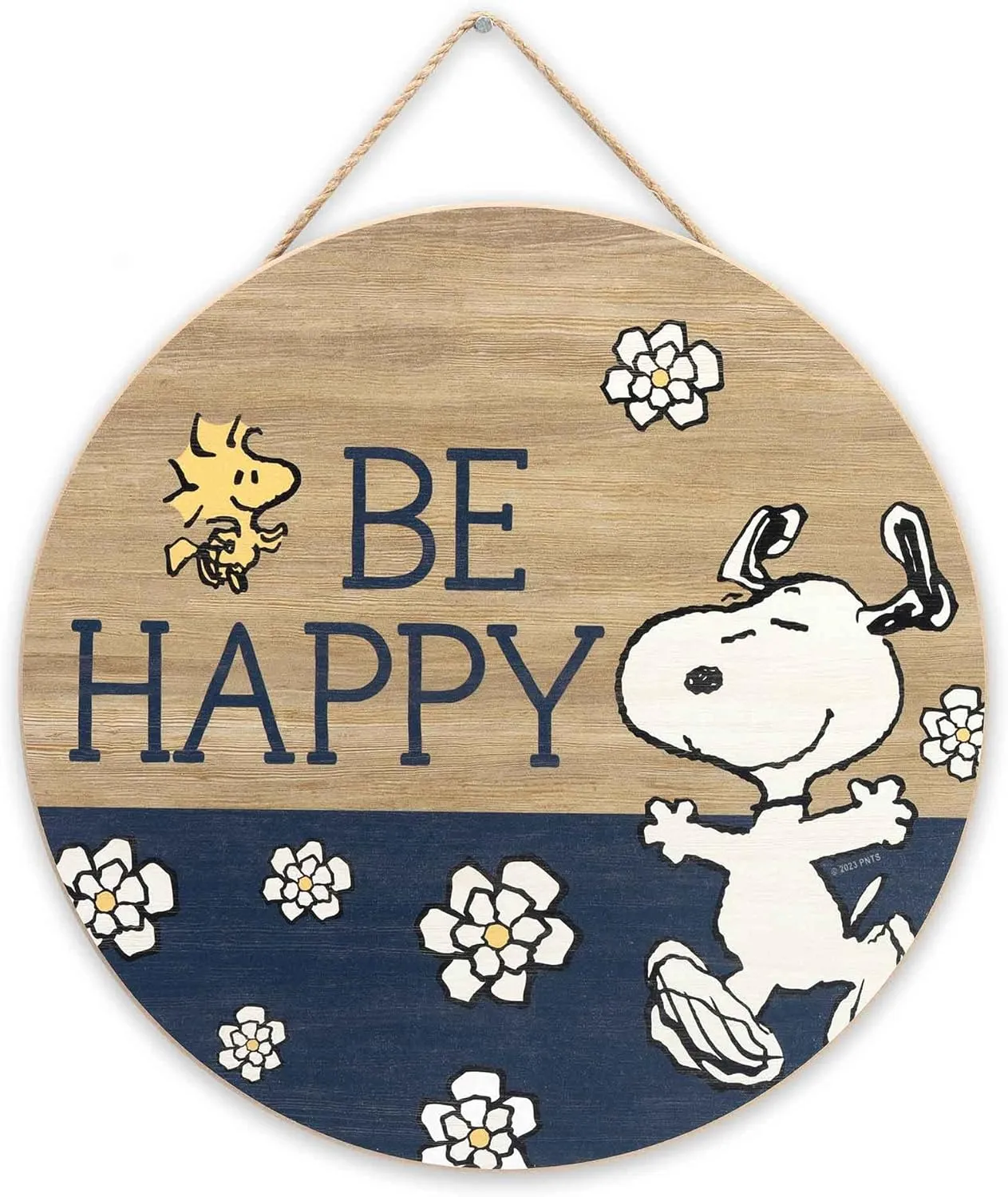 Peanuts Snoopy Be Happy Round Hanging Wood Wall Decor - Fun Snoopy Sign for Home Decorating - Great Gift Idea