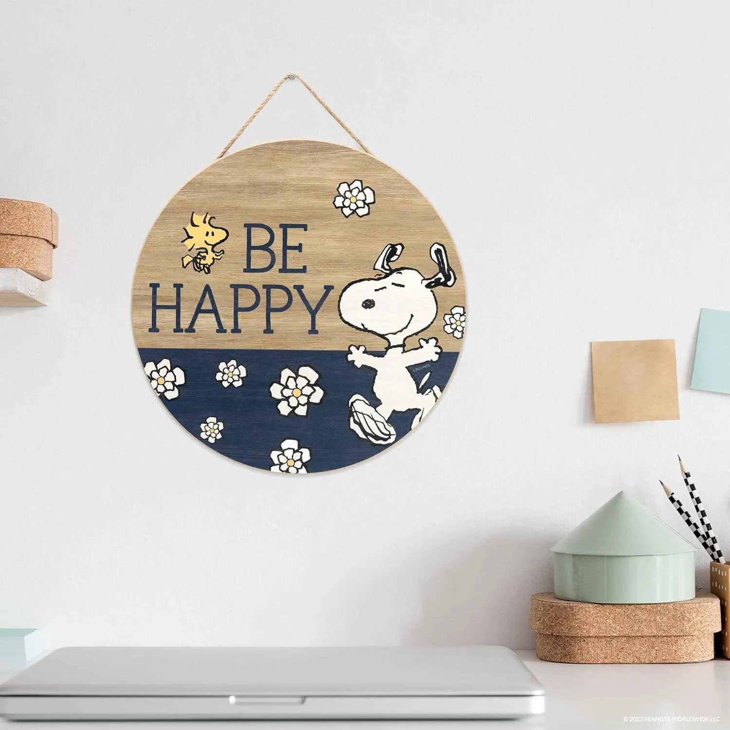 Peanuts Snoopy Be Happy Round Hanging Wood Wall Decor - Fun Snoopy Sign for Home Decorating - Great Gift Idea