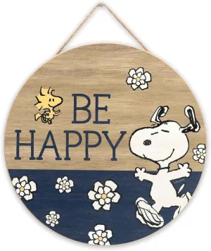 Peanuts Snoopy Be Happy Round Hanging Wood Wall Decor - Fun Snoopy Sign for Home Decorating - Great Gift Idea