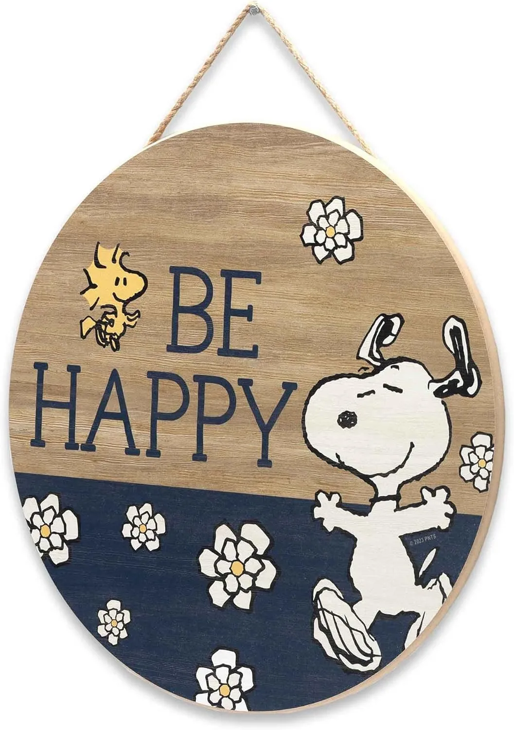 Peanuts Snoopy Be Happy Round Hanging Wood Wall Decor - Fun Snoopy Sign for Home Decorating - Great Gift Idea