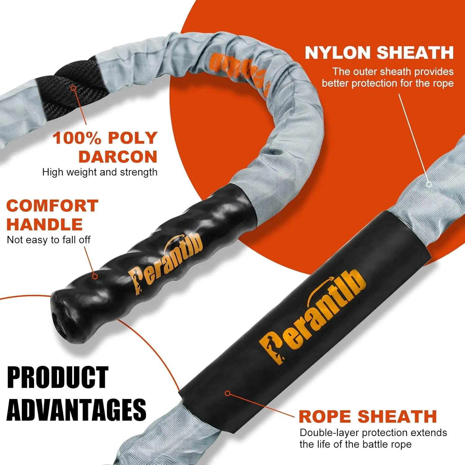 Perantlb Poly Battle Rope with Cloth Sleeve -1.25/1.5/2 Inch Diameter 30' 40' 50' Lengths -Gym Muscle Toning Metabolic Workout Fitness, Battle Ropes for Home Gym