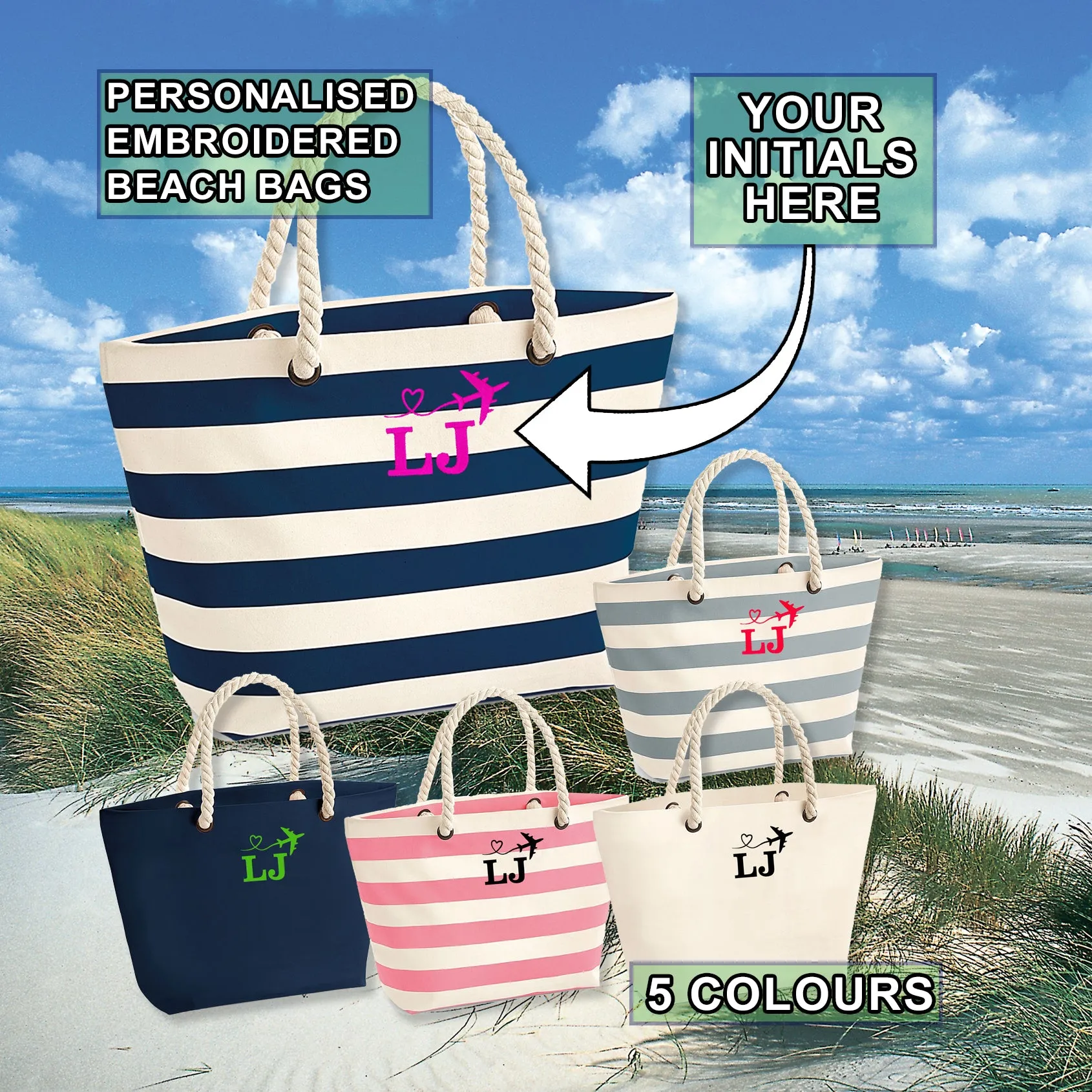 Personalised Beach Bag Embroidered with Your Initials