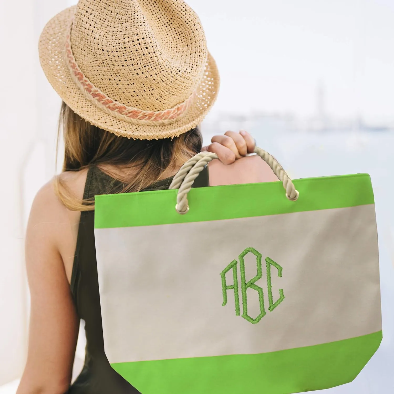 Personalized Beach Tote Bag with Zipper, Pockets, Monogram - Bridesmaid Wedding Party - Custom Monogrammed