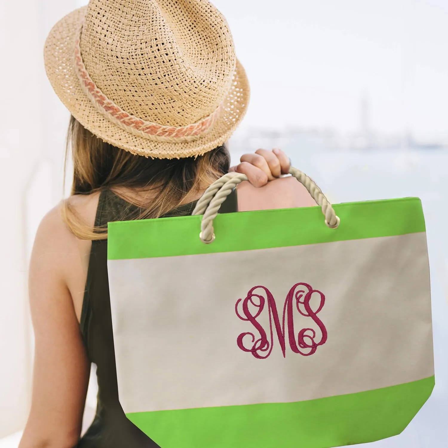 Personalized Beach Tote Bag with Zipper, Pockets, Monogram - Bridesmaid Wedding Party - Custom Monogrammed