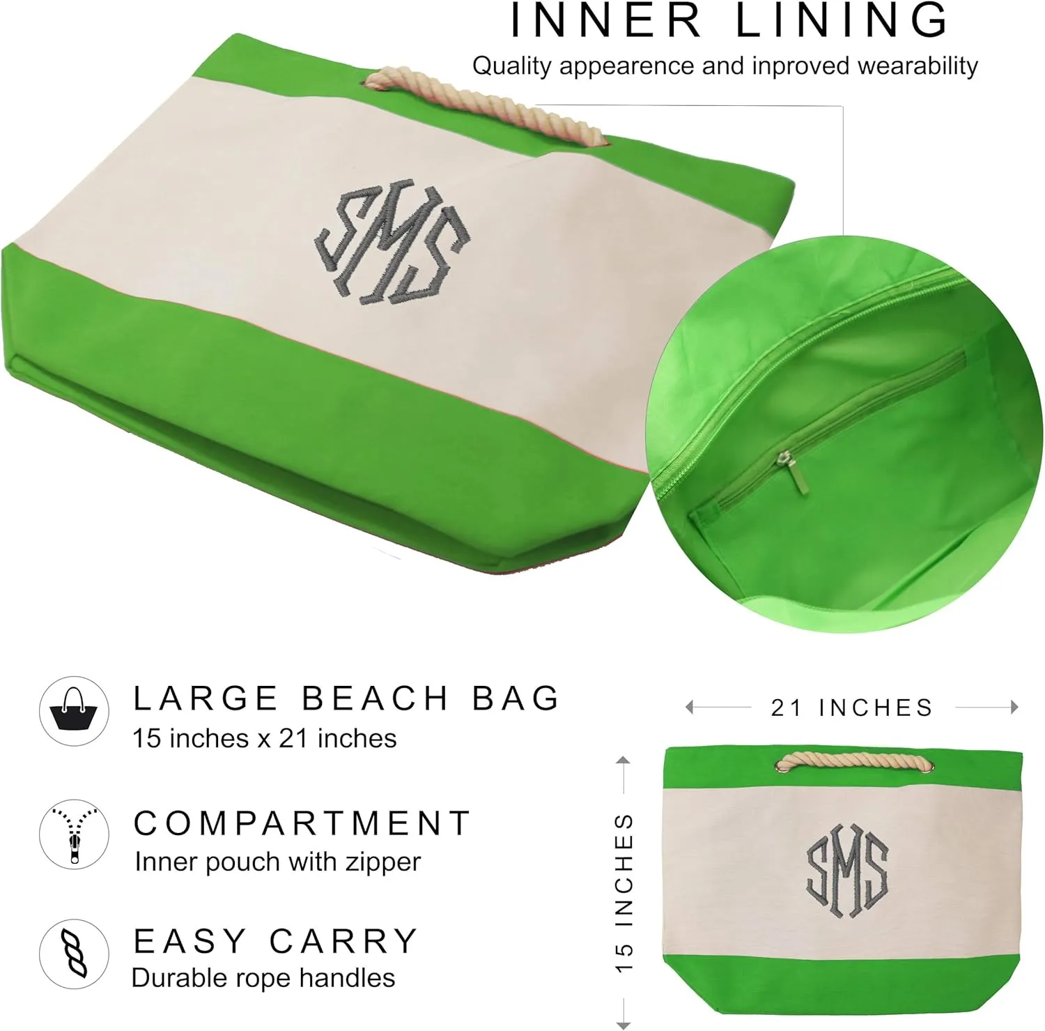 Personalized Beach Tote Bag with Zipper, Pockets, Monogram - Bridesmaid Wedding Party - Custom Monogrammed
