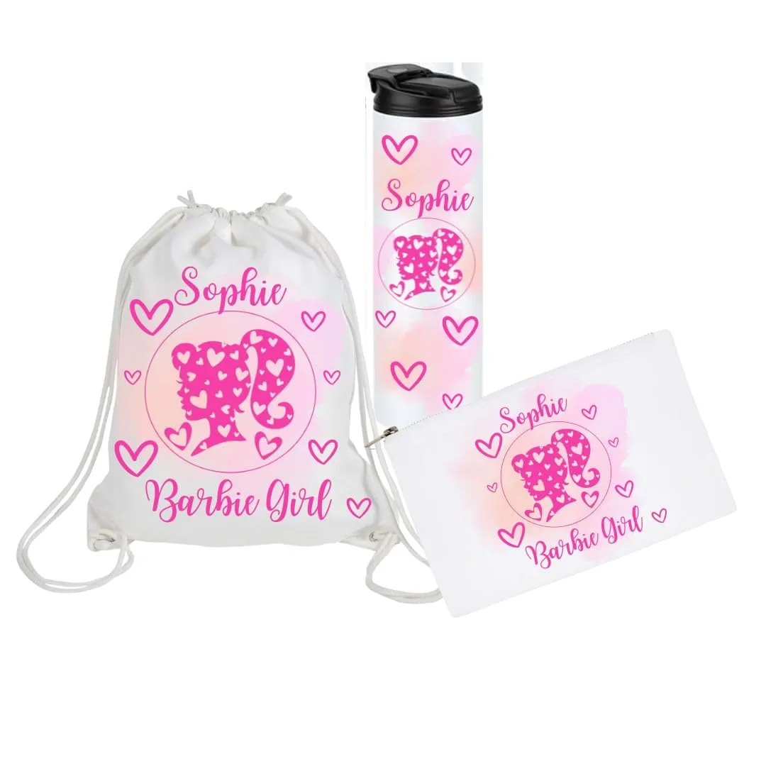 Personalized set for girls - Drawstring bag - tumbler - Barb's personalized makeup bag for birthdays