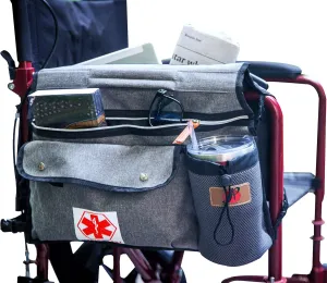 pf Wheelchair Side Pouch Bag(Double-Side) with Cup and Phone Holder for Manual, Electric or Power Mobility Scooter Full ARMREST for Lightweight Transport - Deluxe Wheelchair Accessories (Gray)