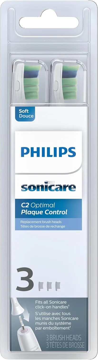 Philips Sonicare Genuine C2 Optimal Plaque Control Toothbrush Heads, 3 Brush Heads, White, HX9023/65