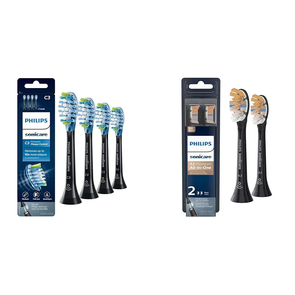 Philips Sonicare Genuine C3 Premium Plaque Control Replacement Toothbrush Heads & Genuine A3 Premium All-in-One Replacement Toothbrush Heads, 2 Brush Heads, Black, HX9092/95
