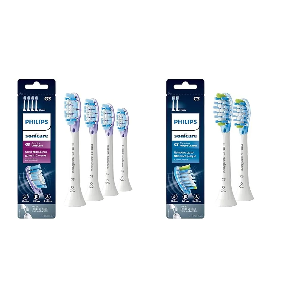 Philips Sonicare Genuine G3 Premium Gum Care Replacement Toothbrush Heads, 4 Brush Heads, White & Genuine C3 Premium Plaque Control Replacement Toothbrush Heads, 2 Brush Heads