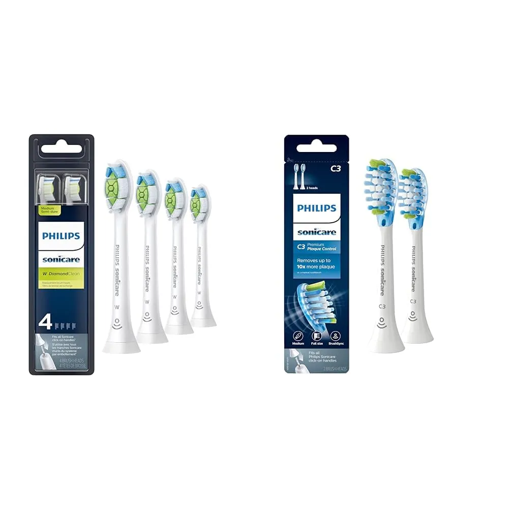 Philips Sonicare Genuine W DiamondClean Replacement Toothbrush Heads, 4 Brush Heads, White, HX6064/65 & Genuine C3 Premium Plaque Control Replacement Toothbrush Heads, 2 Brush Heads, White, HX9042/65
