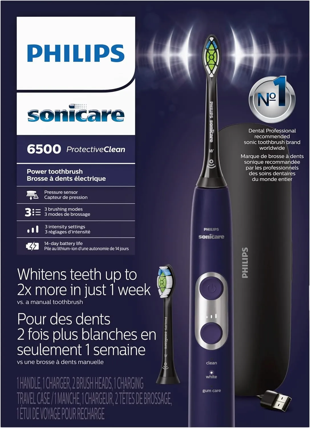PHILIPS Sonicare Protective Clean 6500 Rechargeable Electric Toothbrush with Charging Travel Case and Extra Brush Head, Deep Purple, 2 Count