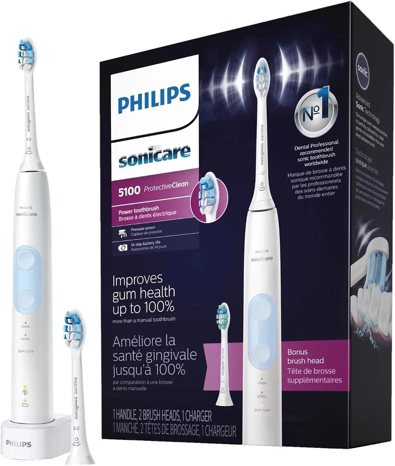 PHILIPS Sonicare ProtectiveClean Electric Toothbrush with Plaque Control Brush Head, Rechargeable Sonicare Toothbrush with Pressure Sensor, Phillips Sonic Toothbrush, Gum Health Brush Head