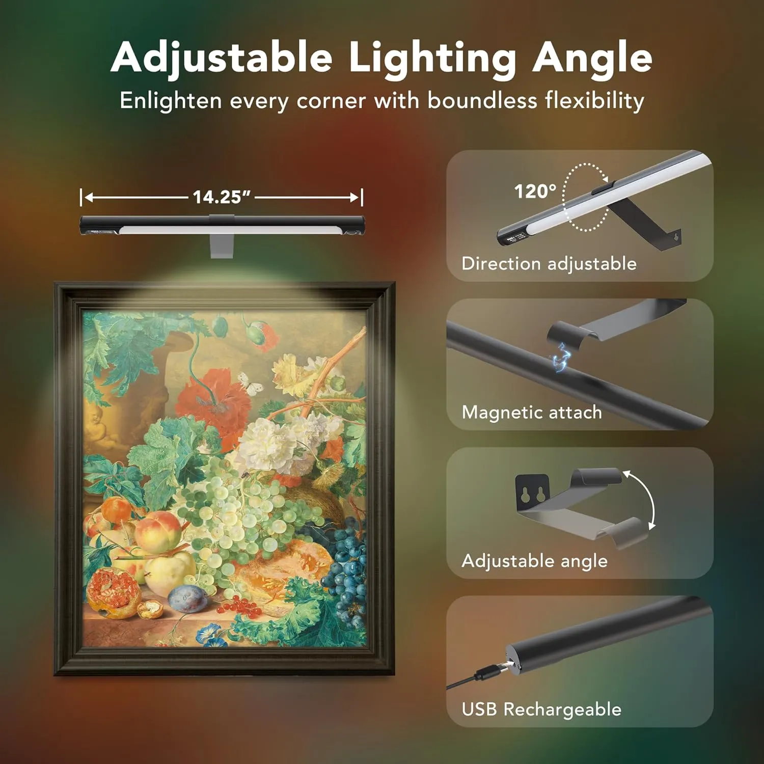 Picture Light Wireless 2 Pack, 14in Rechargeable Art Display Light with Remote, Battery Operated 3 Color Dimming, Art Frame Lighting, Gallery Painting Display Lamp Black