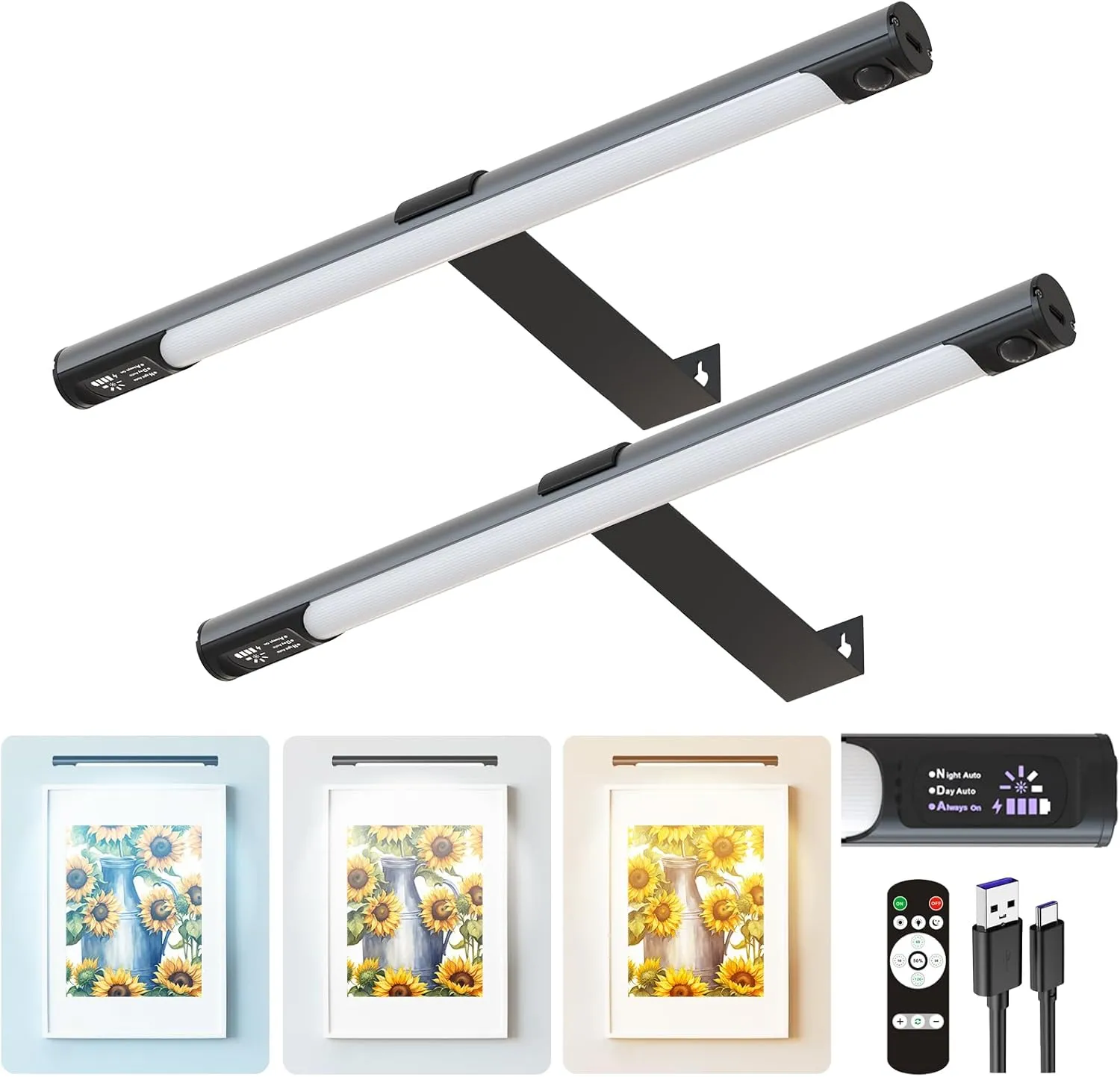 Picture Light Wireless 2 Pack, 14in Rechargeable Art Display Light with Remote, Battery Operated 3 Color Dimming, Art Frame Lighting, Gallery Painting Display Lamp Black