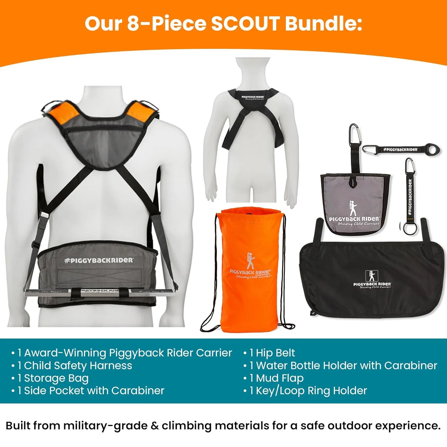 Piggyback SCOUT Toddler Carrier Backpack Deluxe with 6-Piece Accessory Set: Hip Belt, Carry Bag, Side Pocket, Mud Flap, Water Bottle & More - For Ages 2-4 (Under 50 lbs) - Hiking & Travel