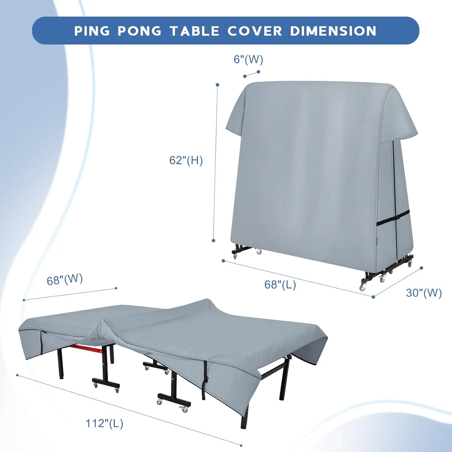 Ping Pong Table Cover Outdoor Waterproof, Dual Function Table Tennis Cover Fits Both Folding Tables and Flat Tables Indoor & Outside 68"L x 6"/30"W x 62"H, Grey