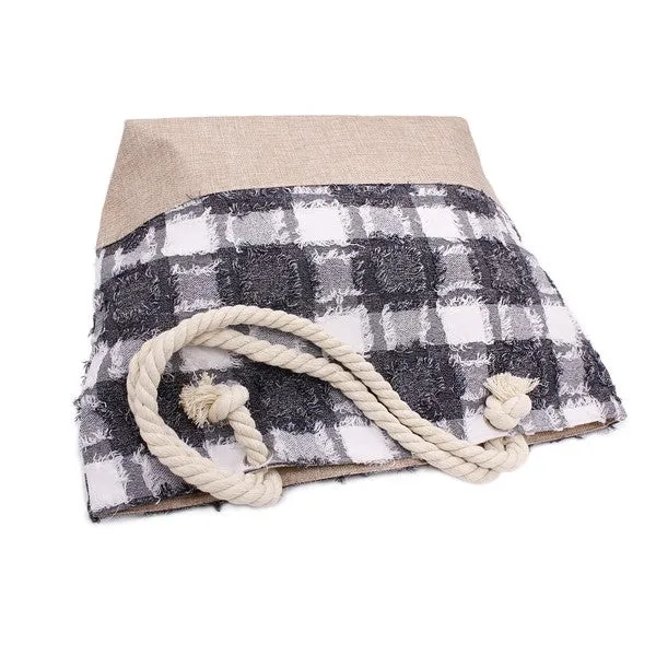 PLAID FRAYED TWEED BEACH TOTE BAG