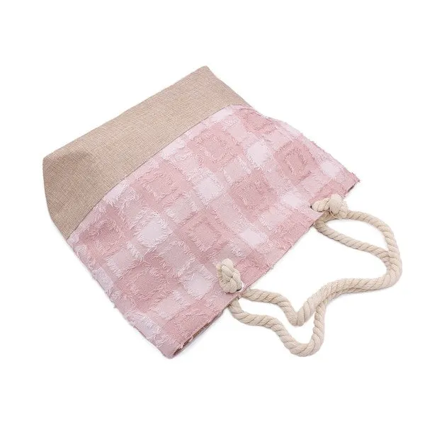 PLAID FRAYED TWEED BEACH TOTE BAG
